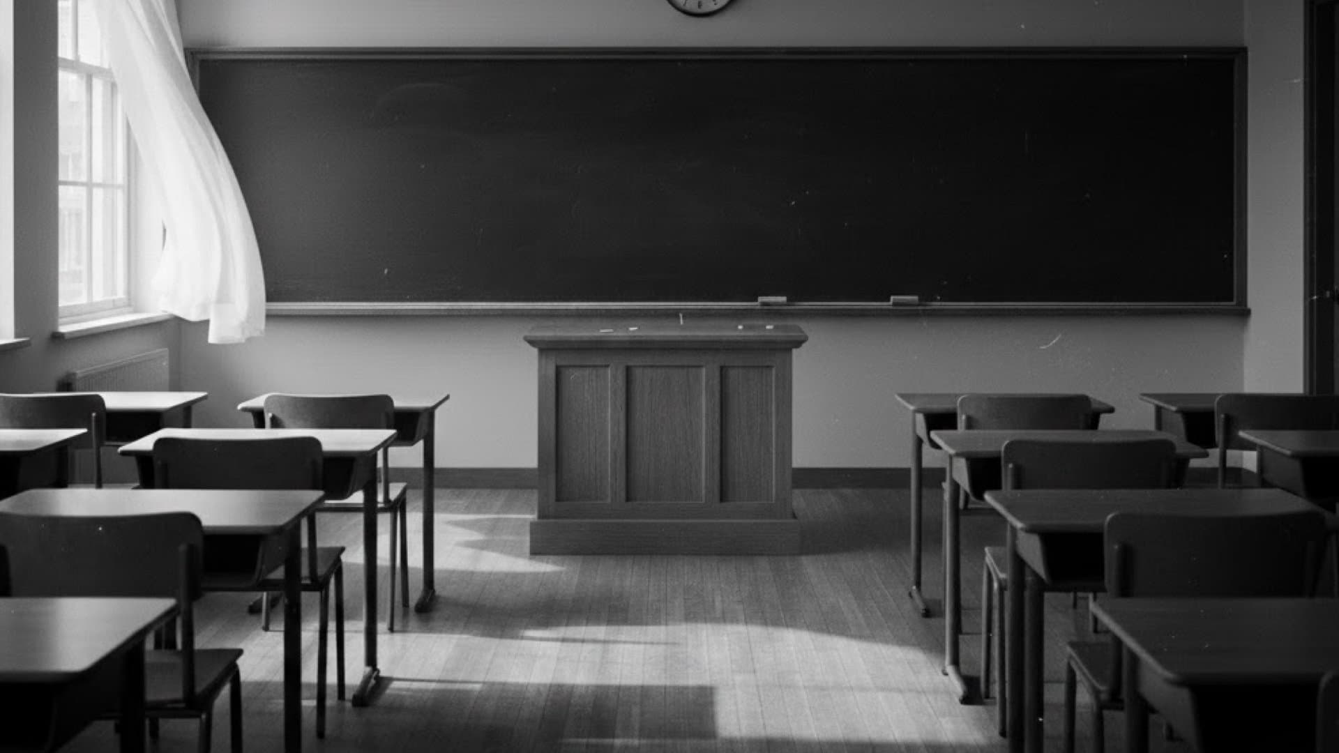 誰もいない象徴的な教室。教壇が真ん中にある。