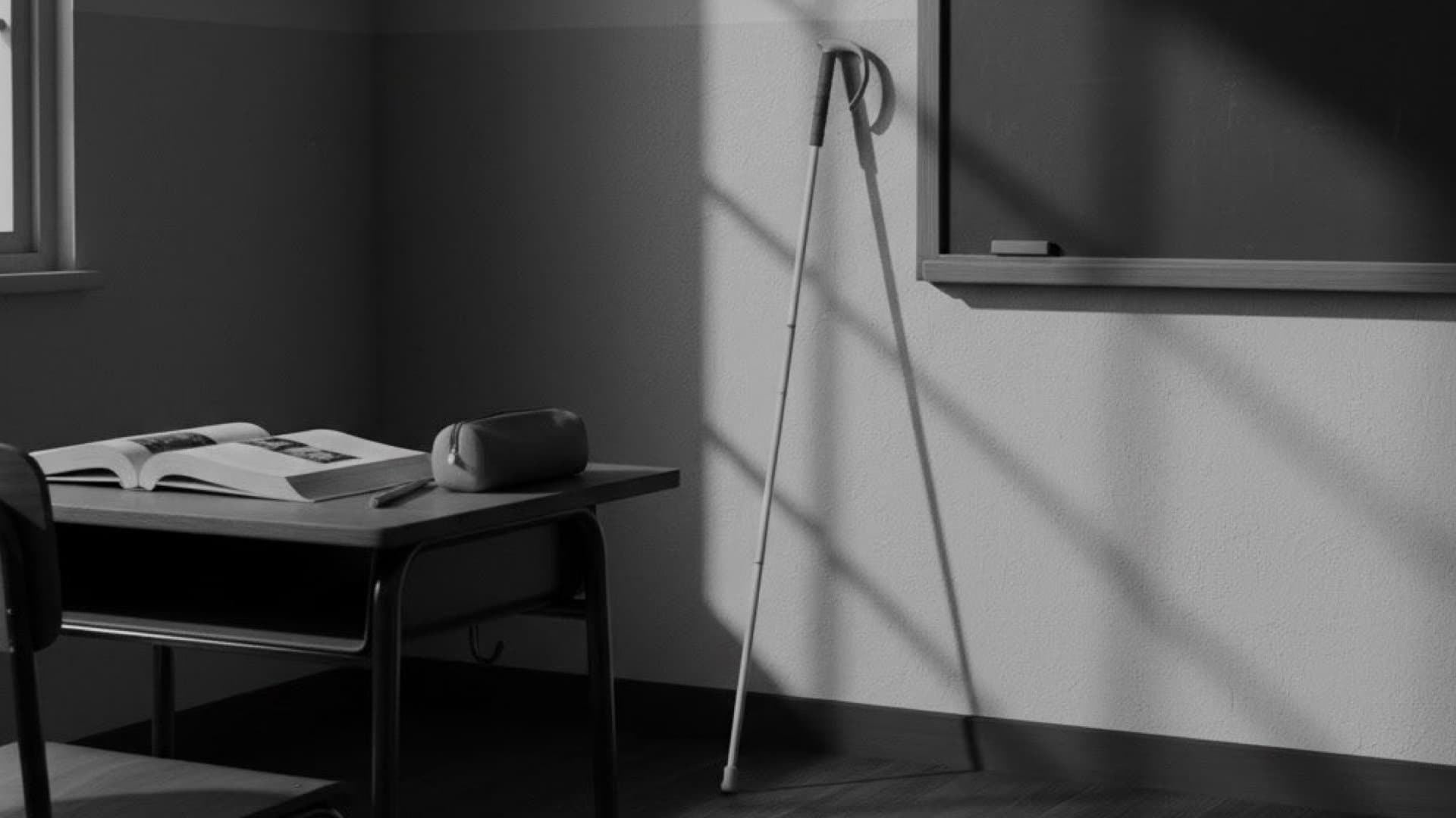 教室に象徴的に立てかけられた一本の白杖