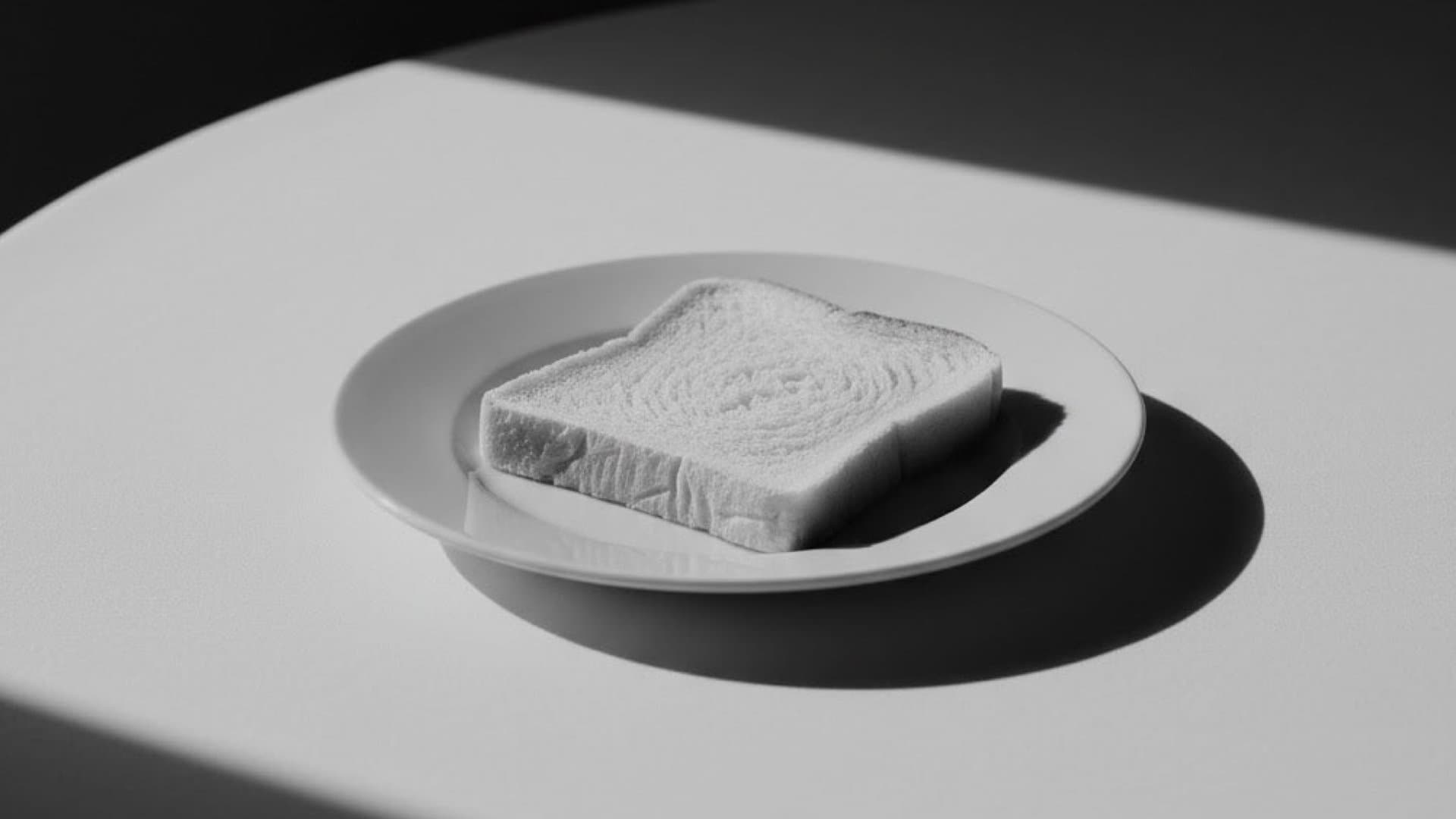 机の上に象徴的に置かれた食パン