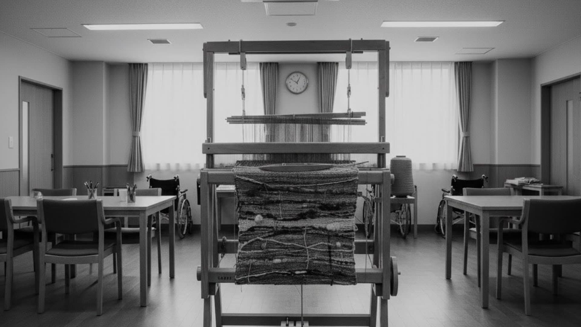 さをり織りのお織り機が施設の部屋の真ん中にある