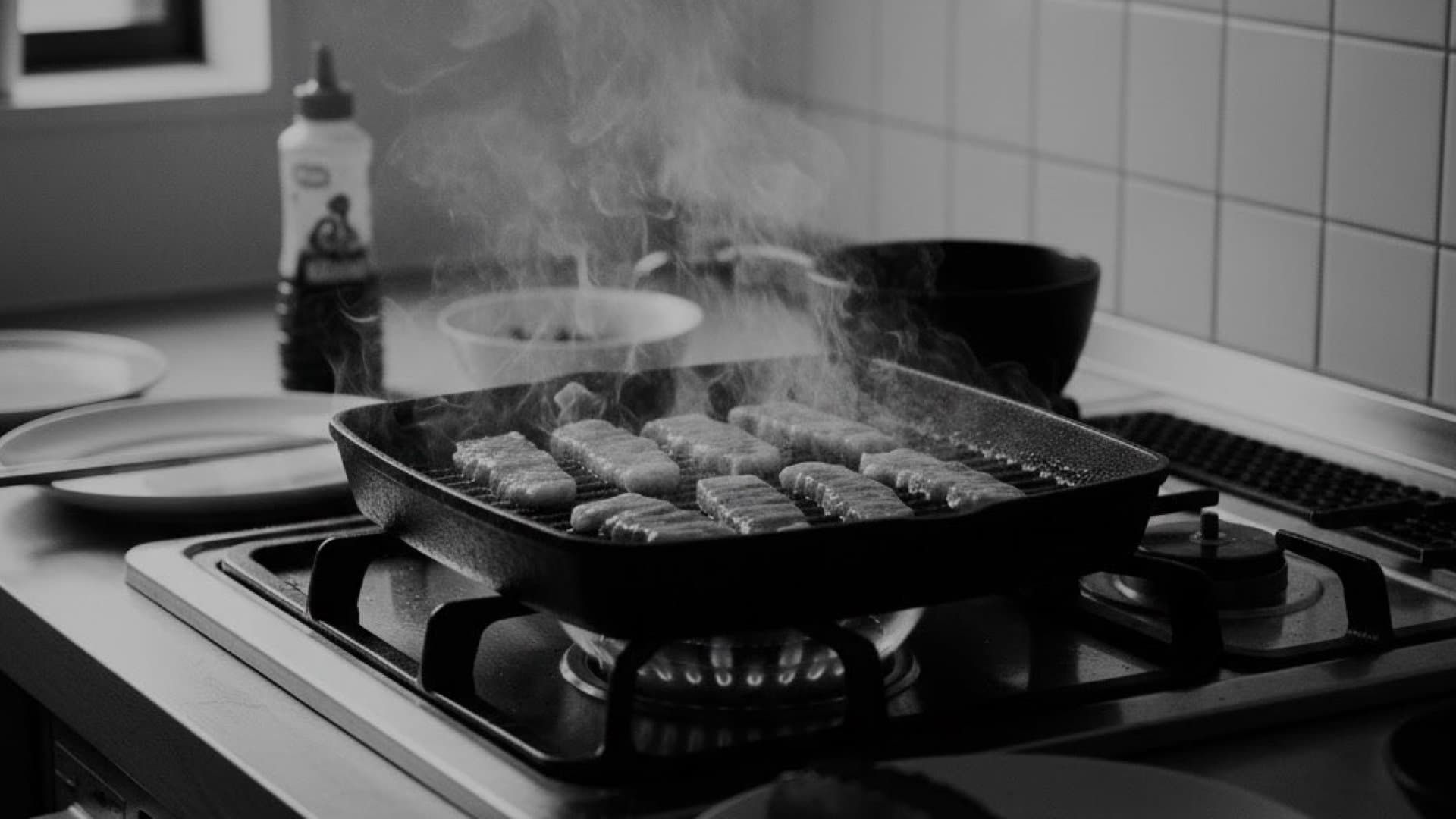 先生の自宅であろうキッチン。コンロで焼かれる肉。