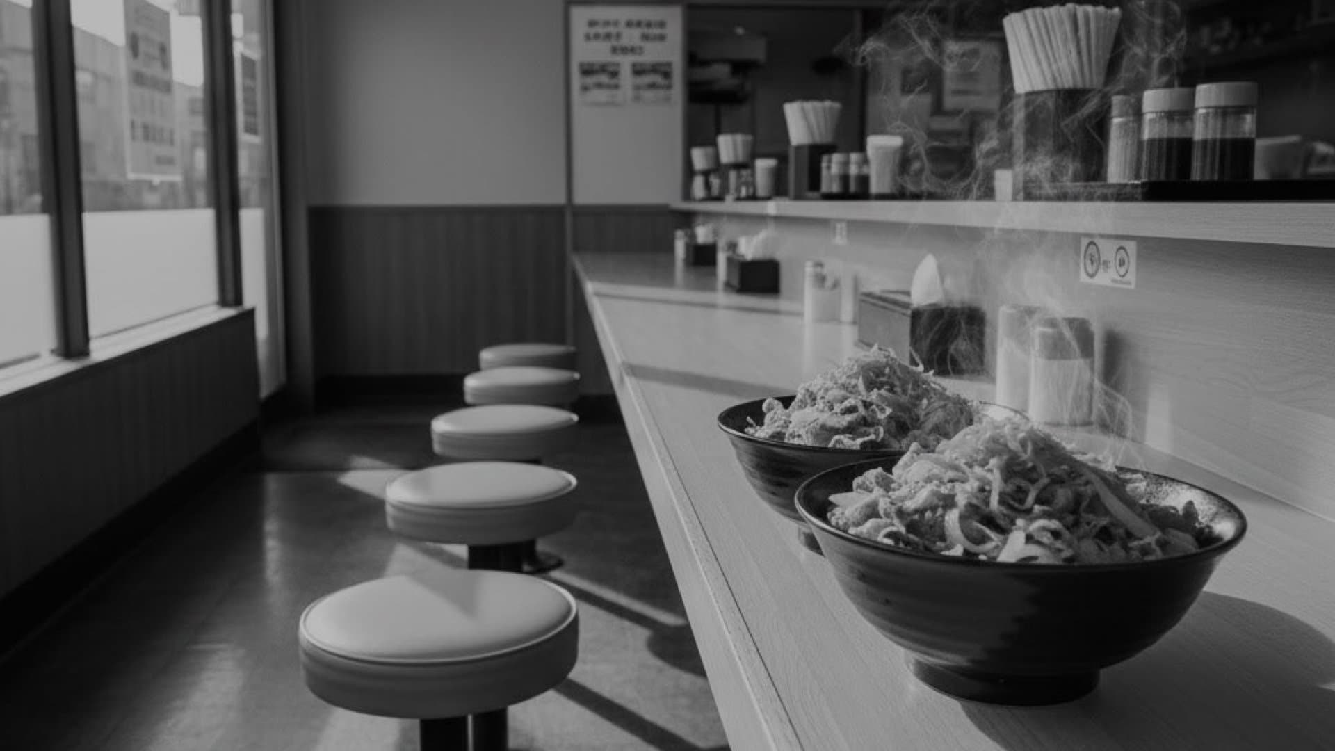 牛丼屋に象徴的に並ぶ牛丼二つ