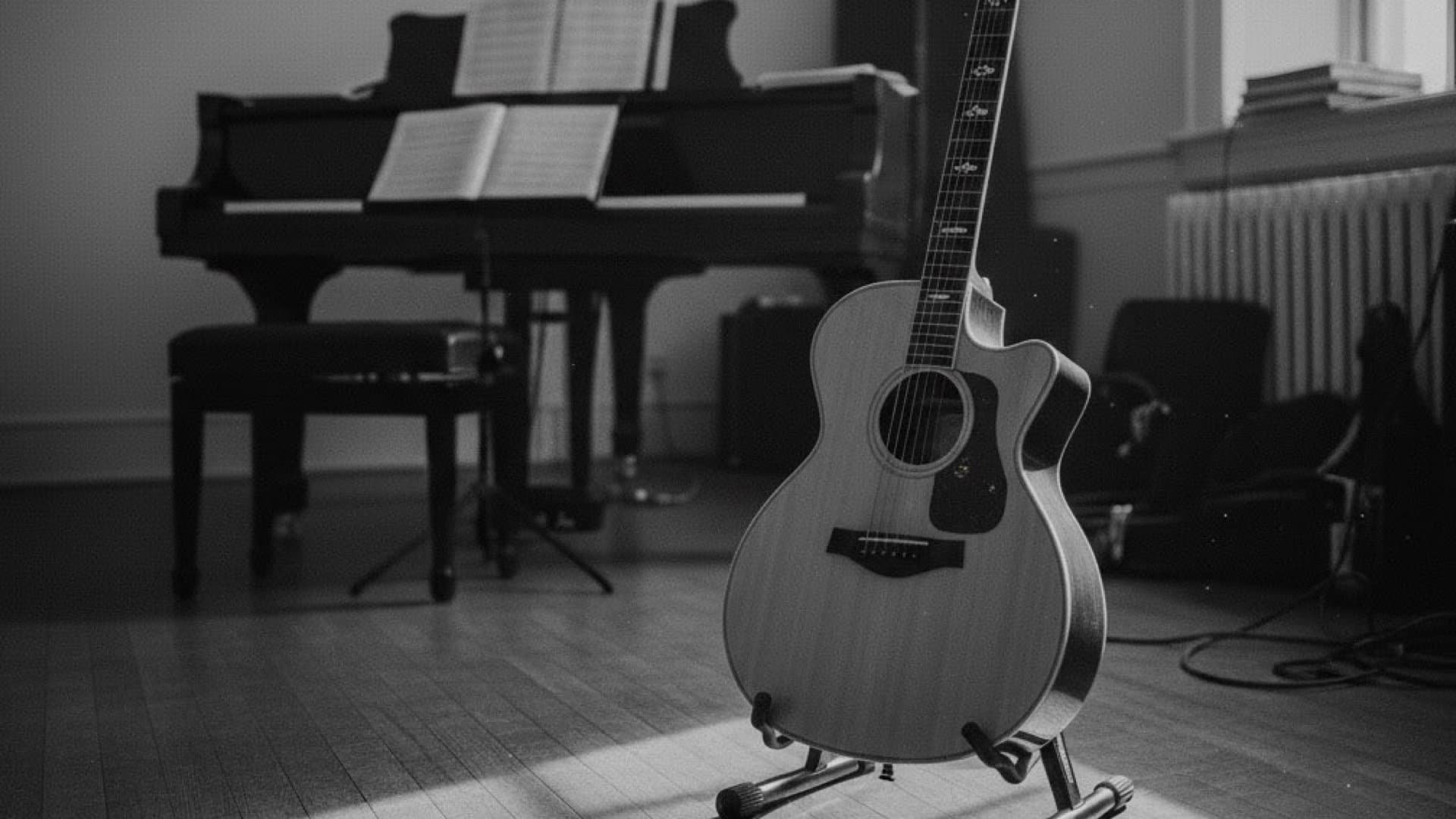 音楽室にてギタースタンドに置かれたアコースティックギター。後ろにはピアノも見えている