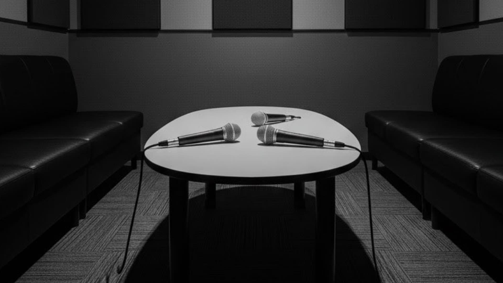 机の上に象徴的にマイクが三本置いてあるカラオケルーム