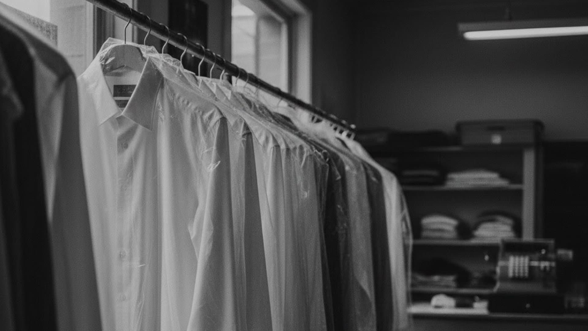 象徴的なクリーニング屋さんのハンガーに吊るされている洗い立てのシャツ。