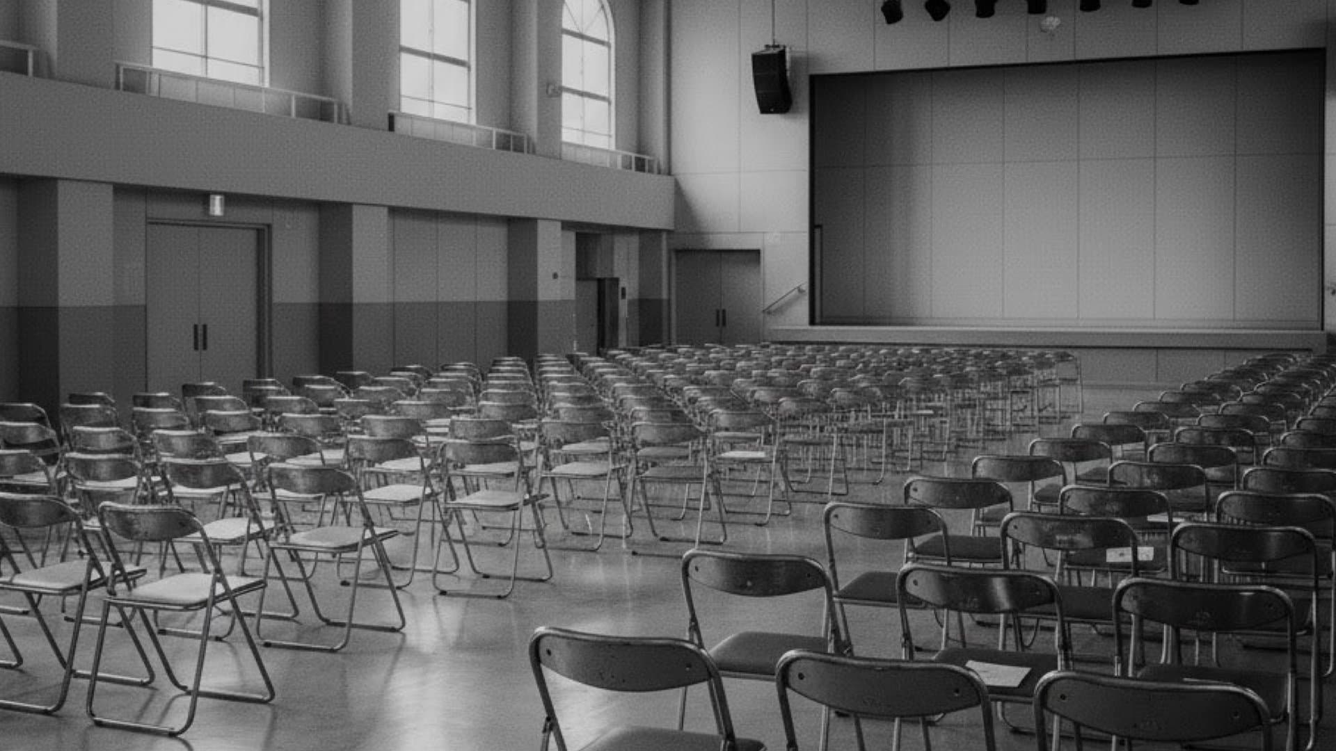 入学式が開かれるホールに椅子が並んでいる。無人の象徴的な写真