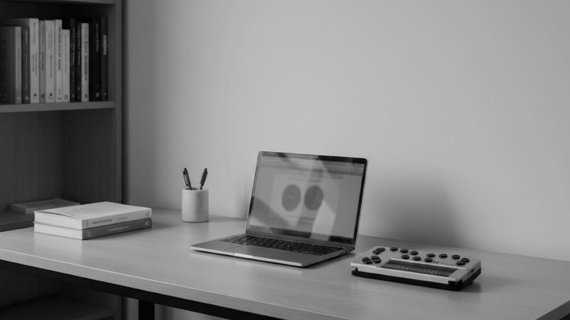 象徴的なオフィス。机の上にパソコン、ブレイルメモなど、仕事道具が整理されて置いてある