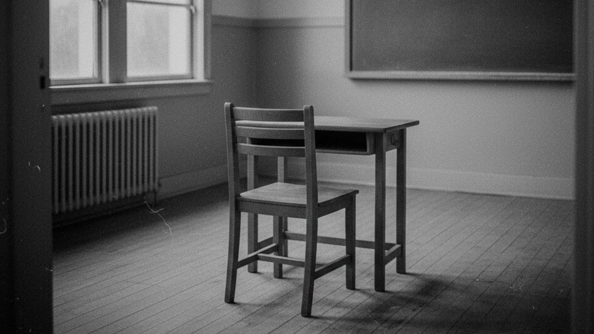 教室に机と椅子が一つある象徴的な写真。