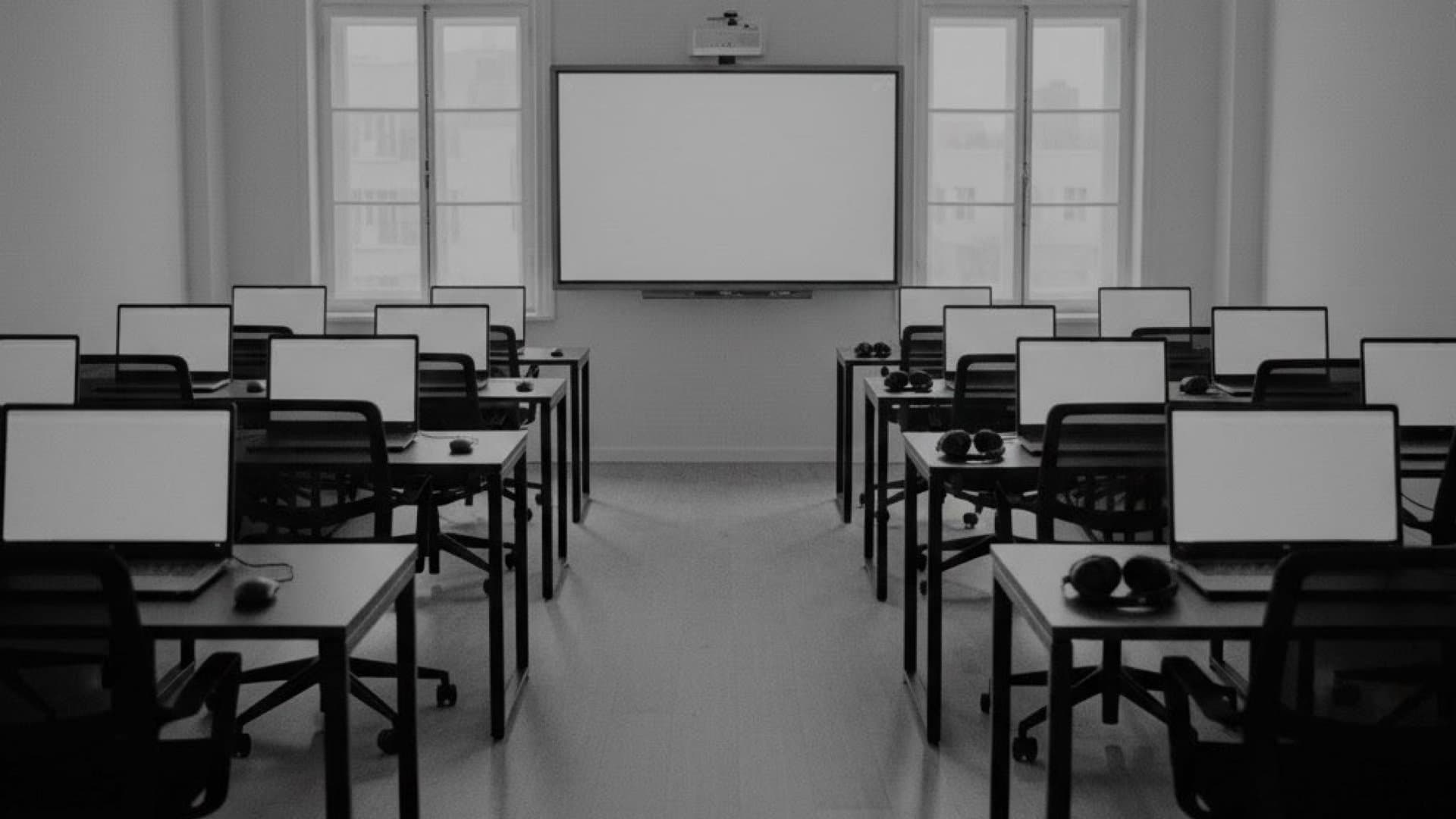 パソコンが沢山並んでいる、職業訓練風の部屋。無人で象徴的。