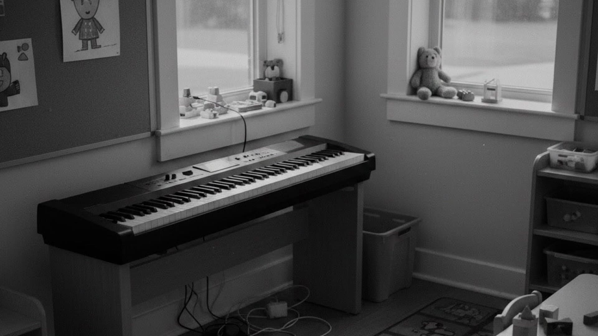 保育園の一室に置かれた電子鍵盤。誰もいない象徴的な部屋。