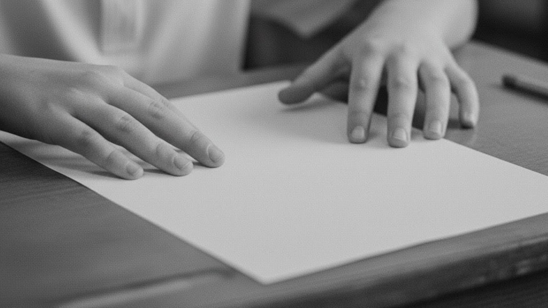 点字用紙に触れている両手。ひらりさんの勉強や受験の様子を象徴的に表している。