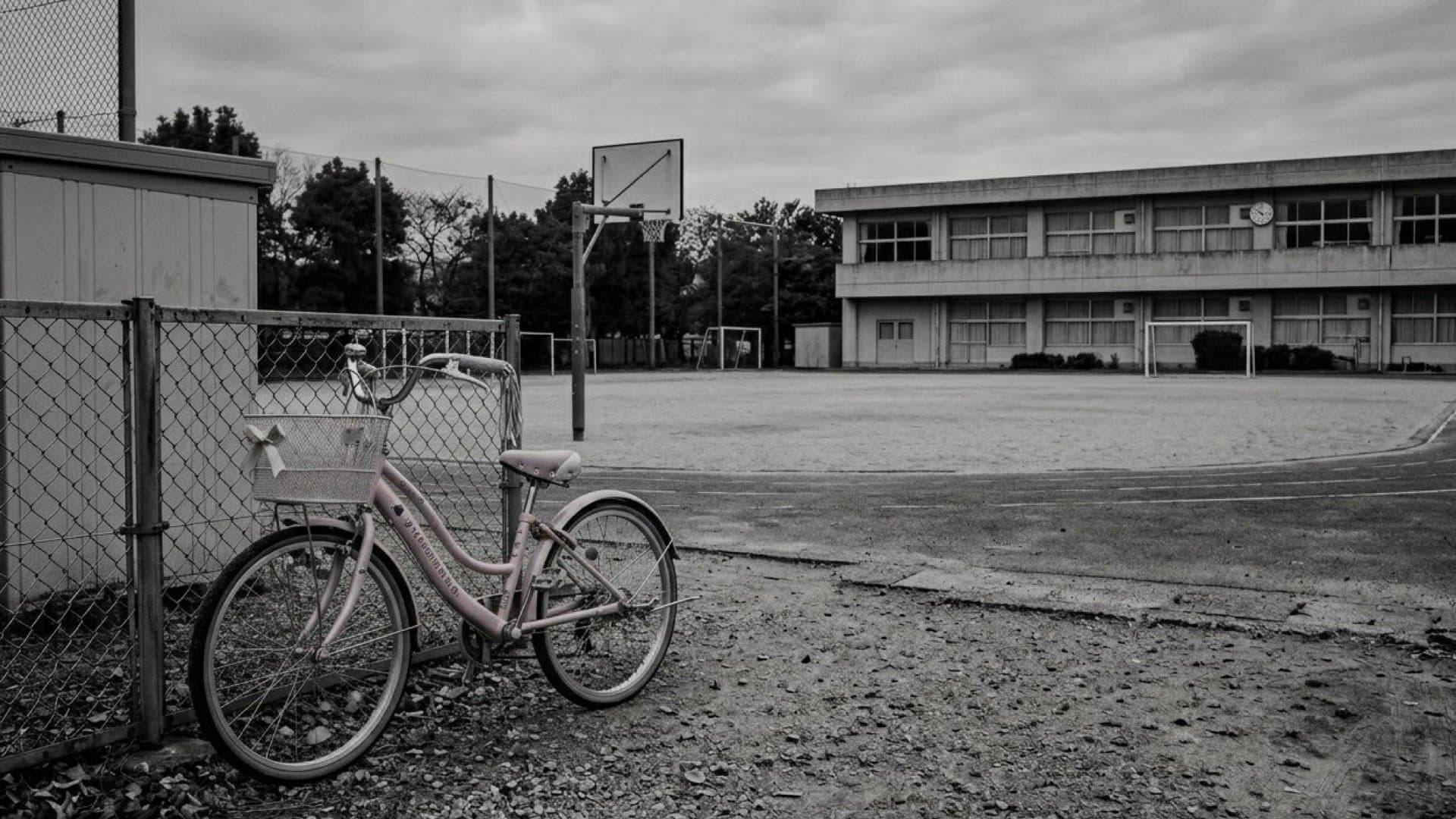 誰もいない象徴的な校庭に女の子用の自転車が金網にたてかけられている