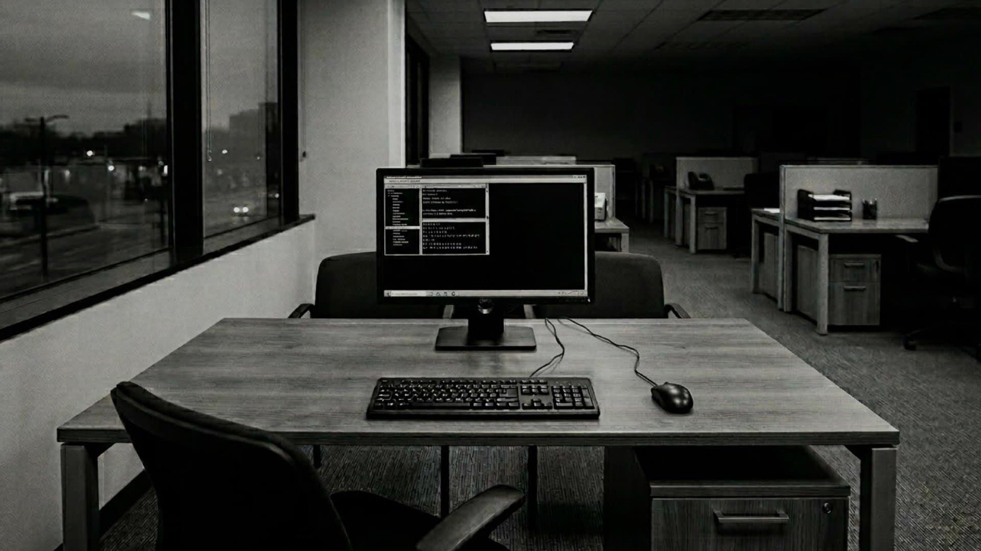 誰もいない象徴的なオフィス。秋山さんのであろうデスク。その上にパソコンとキーボード。