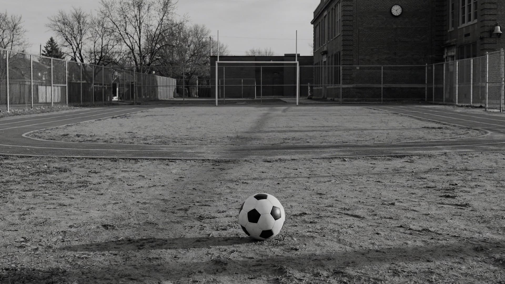 無人の校庭に置かれたサッカーボール。誰もいない象徴的な写真。