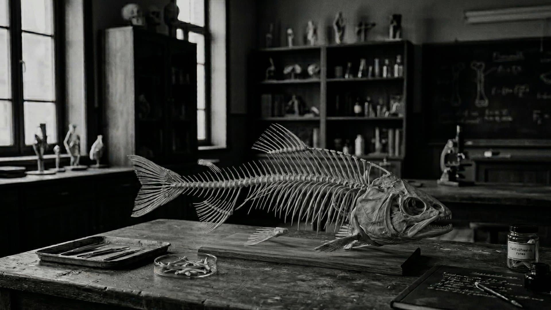 理科室に置かれた魚の骨。誰もいない象徴的な写真