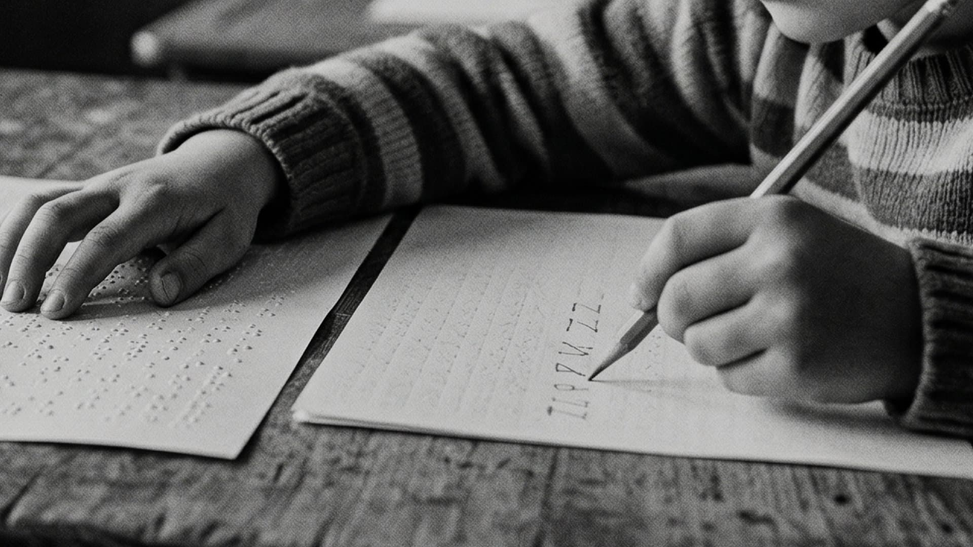 右手で字を書き、左手で点字を読んでいる象徴的な画像。