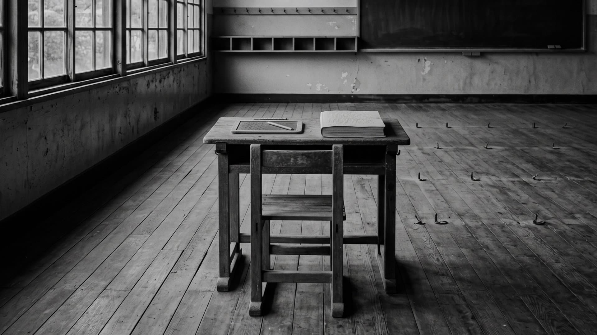 盲学校の教室に机が1つ置かれている象徴的な写真。モノクロ。無人。