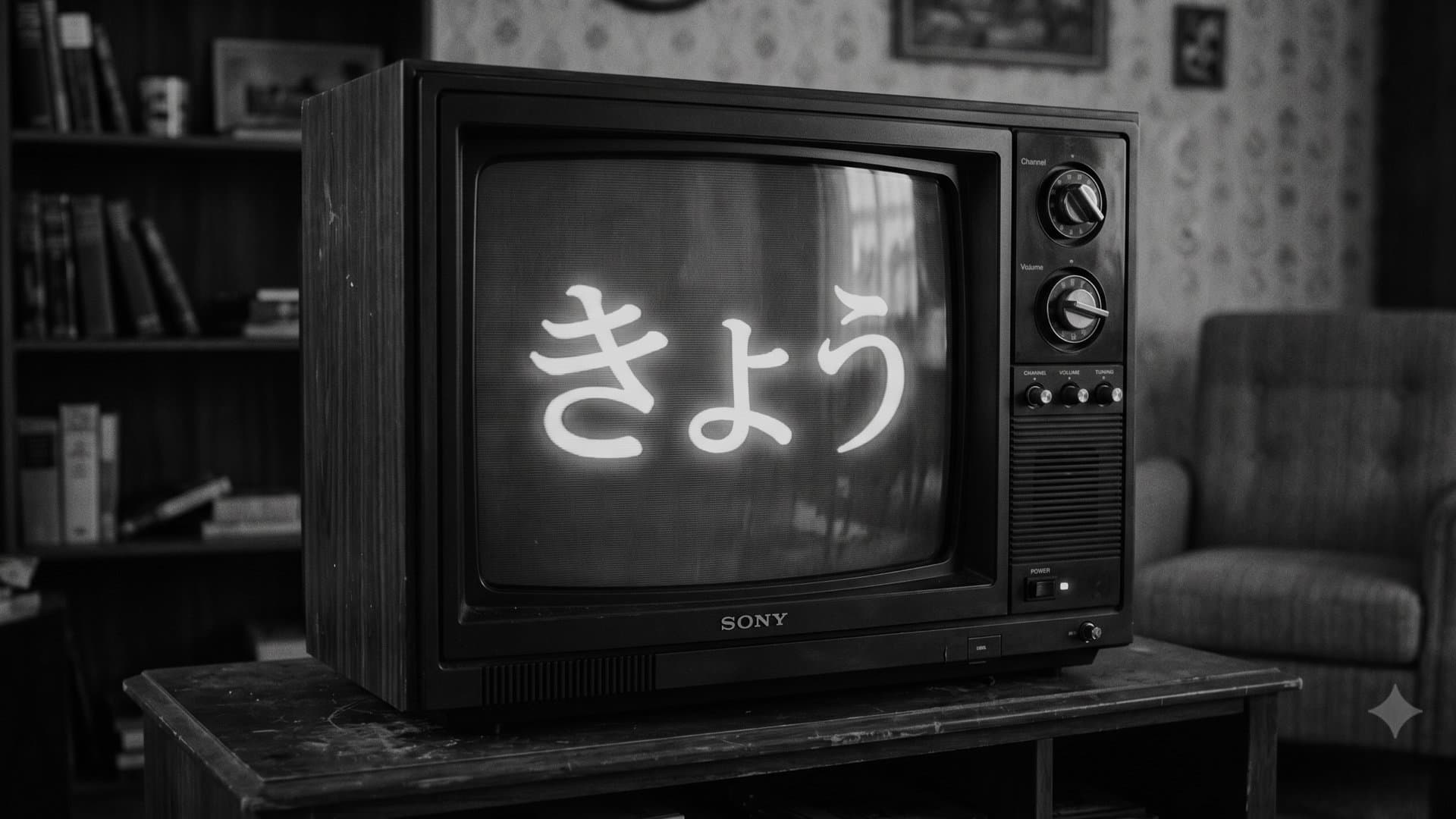 レトロな部屋に置かれた古いブラウン管テレビ。画面に白く「きょう」の文字が映る。モノクロ写真。