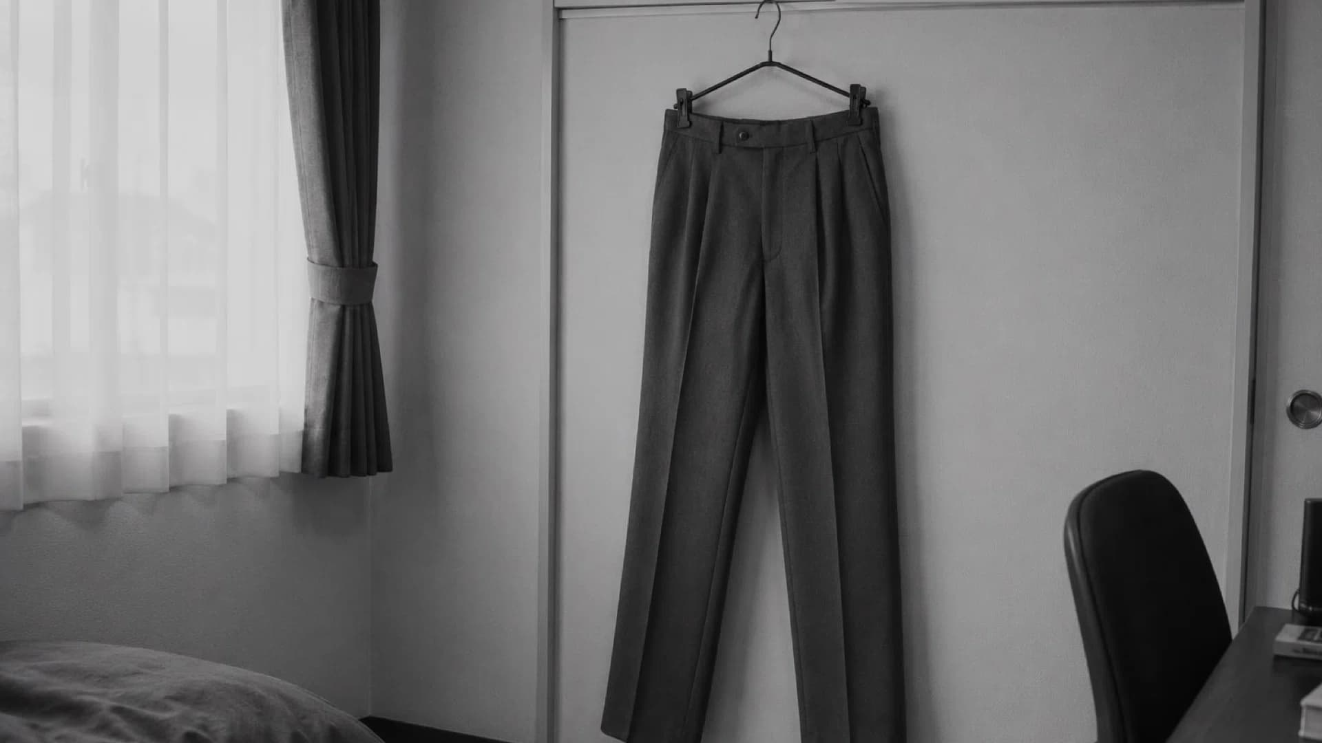 部屋のハンガーに掛けられた一本のズボンのモノクロ写真。窓からカーテン越しに光が入っている